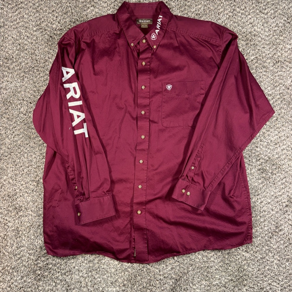 Ariat Mens XXL Logo Western Dress Shirt Burgundy Long Sleeve Cotton Button Down